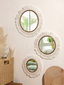 1pc Handmade Acrylic Woven Wall Mirror - Bohemian Style Round Mirror With Tassel Decor, Rustic Natural Wall Decor Suitable For Living Room, Bedroom Or Bathroom, Perfect For Spring/Summer Home Decor, Mother's Day Gift, Room Decoration, Garden Decor, Wedding Decor And Home Decoration. - Beige - View 8