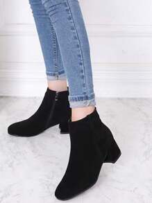 Botas cortas de moda de punta cuadrada con cremallera lateral para mujeres de Otoño-Invierno 2024, botas de montar de unicolor para mujeres - Negro - Ver 2