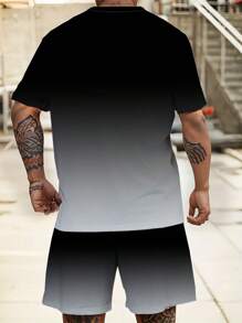 动漫人物渐变色优质格子运动套装 - 涤纶针织面料，圆领设计，抽绳短裤，口袋细节，常规款式，适合大码