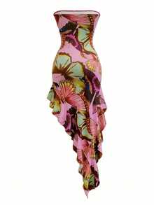 Women's Vacation Butterfly Print Splice Ruffle Hem Side Slit Strapless Fashionable Dress - Multicolor - View 3