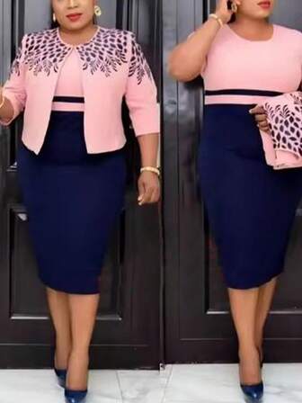 Plus Size Elegant Color Block Patchwork Fitted Dress, Autumn