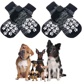 4 st Anti-slip hundstrumpor med justerbara elastiska band, tassskyddsstrumpor med starkt greppande sulor för att förhindra att hundar halkar på hårda trägolv inomhus