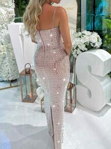 Vestido com Alças Finas Sexy Repleto de Strass, Vestido de Festa da Moda de Celebridade, Vestido para Convidados de Casamento, Vestido de Festa Formal