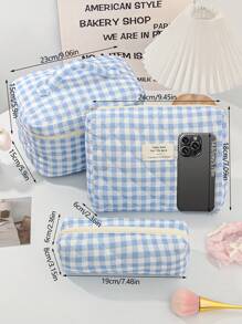 1 Pieza Bolsa de maquillaje con estampado de tablero de ajedrez para mujer, juego de bolsas de cosméticos azules lindas para decoración del hogar, bolsa con capacidad grande con asa, bolsa de maquillaje a cuadros azules, adecuada para almacenar brochas de maquillaje, lociones, limpiadores faciales, lápices labiales, pequeña bolsa de belleza para salones de uñas