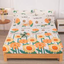 1 件柔软拉绒花卉 + 心形印花床笠（无枕套，无填充物），透气舒适，紧贴床垫，抗皱，可拆卸罩，适合所有季节 - 向日葵 - 查看 3