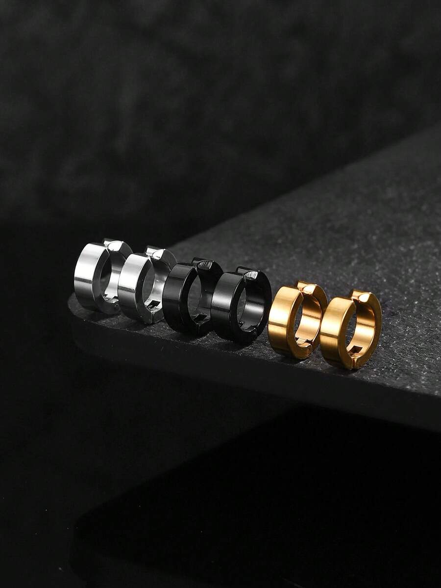 3-Pairs Stainless Steel Gold, Black & Steel Color Simple Men's Earclips Set - Multicolor - View 1