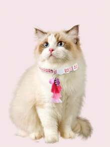 1 件粉色流苏夜光宠物项圈带爪印，彩色菱形宠物项圈带猫铃铛，可调节，宠物领结，复活节派对宠物礼物 - 粉色 - 查看 2