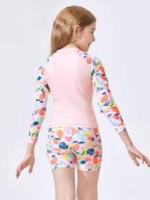 Balabala Tween Girl Tropical Plant Print Raglan Sleeve Top And Shorts Swimsuit Set - Yellow - View 3