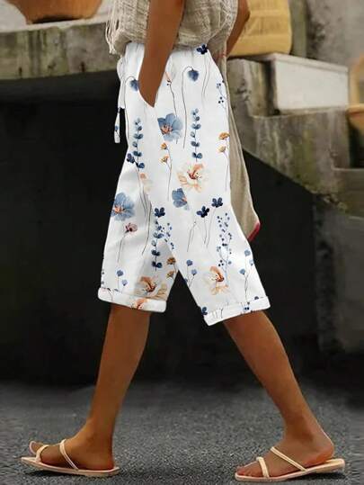 Women's Non-Positioning Floral Print Pocket Casual Bermuda Shorts, Suitable For Vacation