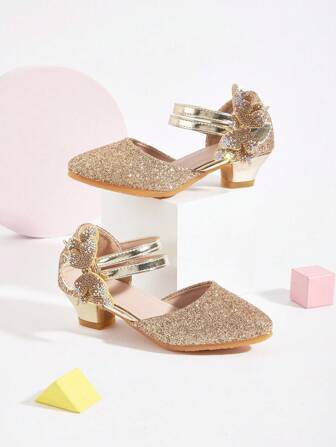 1 Pair Toddler Girls' Glittery Bowknot High Heel Hollow-Out Pointed-Toe Dress Shoes, Elegant Fashion Versatile New Style Party/Performance Shoes, Suitable For Spring/Summer/Autumn