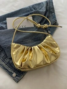 Bolso de mano plegado de unicolor dorado con estilo de nube, bolso de hombro/bandolera de estilo dulce minimalista. Adecuado para compras, uso diario, también adecuado para estudiantes, mujeres jóvenes y trabajadores de oficina. Perfecto para oficina, universidad, trabajo, negocios, viajes al trabajo, actividades al aire libre, viajes y picnics, etc. - Dorado - Ver 5
