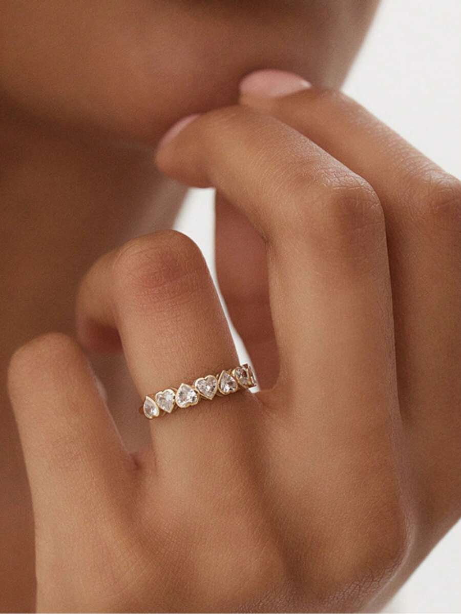 1pc 925 Sterling Silver Adjustable Heart Shape Diamond Women's Ring , Silver&Golden-Tone Geometric Heart Ring With Sparkling Cubic Zirconia, For Women Daily Wear, Suitable For Festival, Party, Gift Valentines, Mother's Day , Elegant, Boho-Chic, Fashionable, Classic Jewelry - Gold - View 1