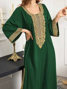 Ramadan Robe Dress, Patchwork Floral Print Trim Hem Slit Elegant Arabic Long Dress - Green - View 2