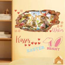 Pegatinas de pared de Pascua, lindas pegatinas 3D de conejo que se abren paso a través de la pared, calcomanías artísticas para ventanas, decoraciones para la oficina y el dormitorio. - Multicolor - Ver 4