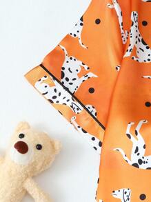 2pcs Satin Orange Polka Dot Dog Print Lapel Single-Breasted Short Sleeve Shirt And Bow Shorts Pajama Set For Women, Comfortable For Home And Holiday Wear, Spring/Summer - Orange - View 6