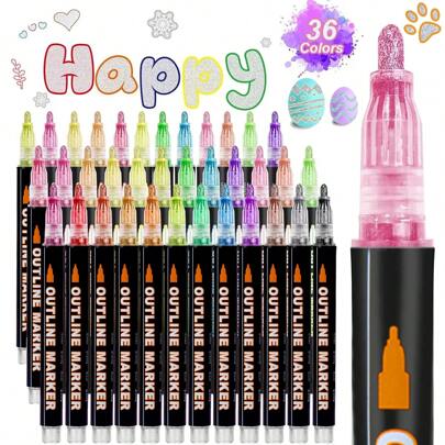 36/24/12/8 piezas de Rotuladores de Contorno de Línea Doble con Flash de Color, Rotuladores con Flash de Metal, Rotuladores, 36/24/12/8 colores, Impermeables a Base de Aceite y no Borrales, Se pueden utilizar en cualquier objeto. Adecuados para pintar, garabatear, bolígrafos de marcadores, manualidades de arte DIY, colorear tarjetas de regalo, regalos de vacaciones para escuela y hogar.