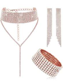 3 件套女士水钻首饰套装水钻流苏颈链项链流苏手链水晶吊坠耳环适合婚礼新娘派对