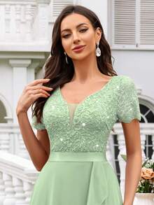 MIUSOL Deep V-Neck Contrast Sequin Lace Ruffle Trim Chiffon Formal Party Maxi Dress, For Valentine's Day - Mint Green - View 8