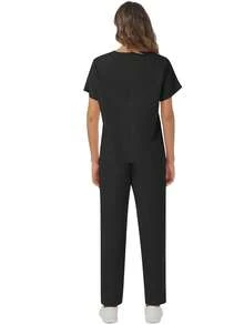 Solid Color V-Neck Short Sleeve Top & Elastic Waist Multi-Pocket Pants, Scrub Uniform Set - Black - View 2