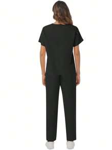 Ensemble de tenue de travail (Top col V manches courtes couleur unie et pantalon à taille élastique multi-poches)