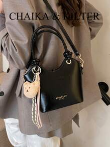 1pc CHAIKA & KILTER Glossy Solid Color PU Leather Shoulder Bag, Women's Fashion Handbag, Bucket Tote With Foil Lettering, Tie Strap Dual Handles, Zipper Closure, Detachable Adjustable Strap For Shoulder Or Crossbody Use, Suitable For Daily And Commuting