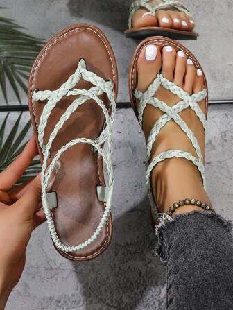 Dames geweven platte sandalen/pantoffels in zwart, bruin, beige, koffie, instap slippers, effen kleur open teen antislip schoenen voor binnen en buiten gebruik