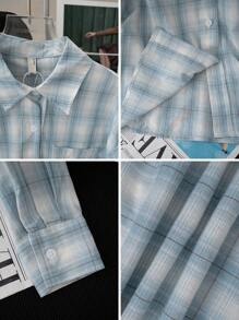 女士休闲/工作可爱格子印花轻薄长袖衬衫，春夏款 - 藍色 - 查看 8