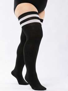 1 Pair Women Over-The-Knee Thigh High Socks, Extra Long, Y2k, Cozy - Black and White - View 9