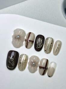 10 stuks/set Diy handgemaakte eenvoudige en veelzijdige handgetekende patronen, gemarmerde halo handgemaakte 3D-bloemvormen, gouden magische spiegelpoedereffecten, geschikt voor herfst- en winterkleding, inclusief korte 10 stuks/set Diy handgemaakte eenvoudige en veelzijdige handgetekende patronen pers op nagels
