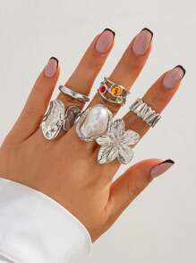 6 件套时尚简约精致高端优雅独特闪亮奢华几何花朵和宝石珍珠戒指套装适合女士日常珠宝 - 彩色 - 查看 2