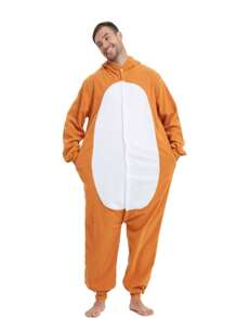 Adult Men's Velvet Cartoon One-Piece Pajamas, Autumn And Winter Thickened Animal One-Piece Pajamas, Hooded Velvet Warm Home Clothes, Halloween Costumes, Christmas Role-Play Party Costumes - 芥末黃 - 查看 4
