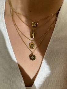 Monlansher 1 件新款时尚女士不锈钢吊坠项链，方形、矩形、圆形心形小盒吊坠，带人造方晶锆石，奢华简约设计，情人节、妈妈、母亲、母亲节、礼物 - 金色 - 查看 5