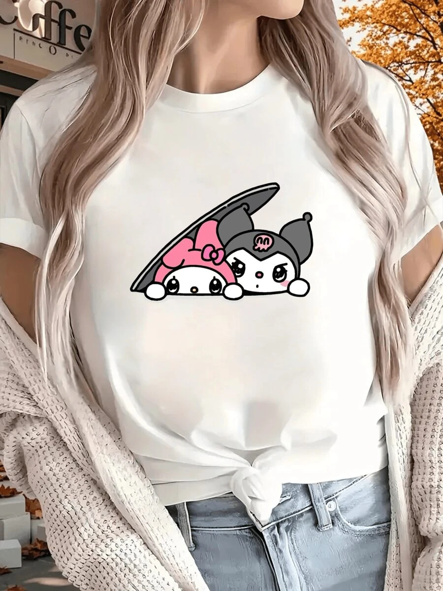 220g Heavyweight Pure Cotton T - Shirt For Women, Adorable Peeking Cartoon Print