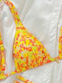 New Soft Ditsy Floral Shell Pendant Adjustable Halter Bikini Set, Summer Beach Fashion Swimwear For Ladies