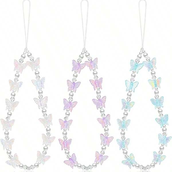 Sweet Butterfly Pearl Mobile Phone Lanyard, Anti-Lost Mobile Phone Chain Beads Gifts For Mother, Family, Friends, Birthday, Holiday Phone Charm