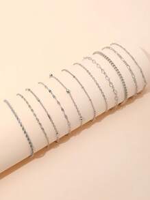 11pcs Set Fashionable Minimalist Heart Chain Anklets, Layered Personalized Pure Chain Beach Anklets For Women - Silver - View 2