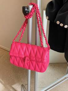 1pc Fashion Quilted Chevron Pattern Crossbody Shoulder Bag - Compact PU Material Bag For Women, With Security Twist Lock - Rose Red - View 8