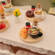 6件/套木制圆形托盘、迷你咖啡杯、面包、果酱下午茶食物玩乐配件 - 彩色 - 查看 2