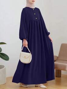 Women's Elegant & Comfortable Abaya Dress With Round Neck And Buttons, Quick Ship - Navy Blue - View 3