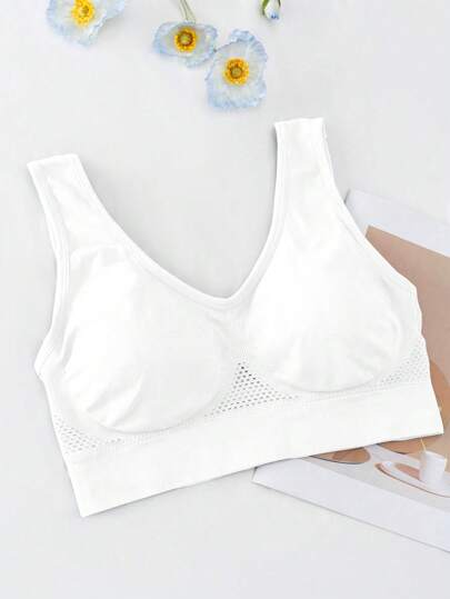 女性大尺碼透氣網格運動內衣，無鋼圈瑜伽內衣背心，性感無背