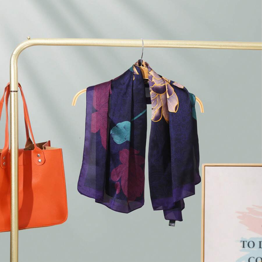 New Casual Printed Satin Scarf For Women, Elegant Daily Headscarf, Sunscreen Shawl - Navy Blue - View 1