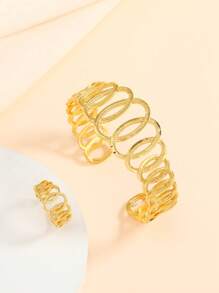 2pcs Set 24K Gold Plated Hollow Line Detailing Exaggerated Wide Bangle And Ring Arabic Style Bracelet Set For Women - Yellow Gold - View 7