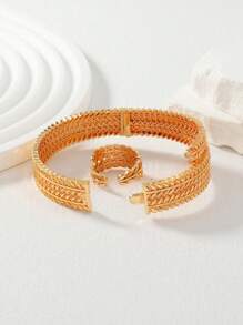 Set de joyería de 2 piezas con brazalete y anillo de aleación de cobre chapado en oro rosa con diseño retorcido de trigo estilo árabe para mujeres