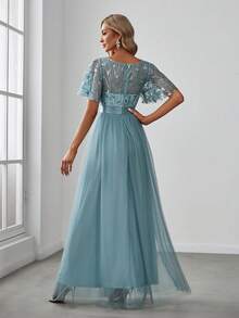 EVERPRETTY Đầm sequin tay cánh bướm mùa thu, đầm lưới màu xanh thanh lịch, thích hợp cho dạ hội, tiệc tùng, đám cưới. - Màu xanh Cadet - Xem 3