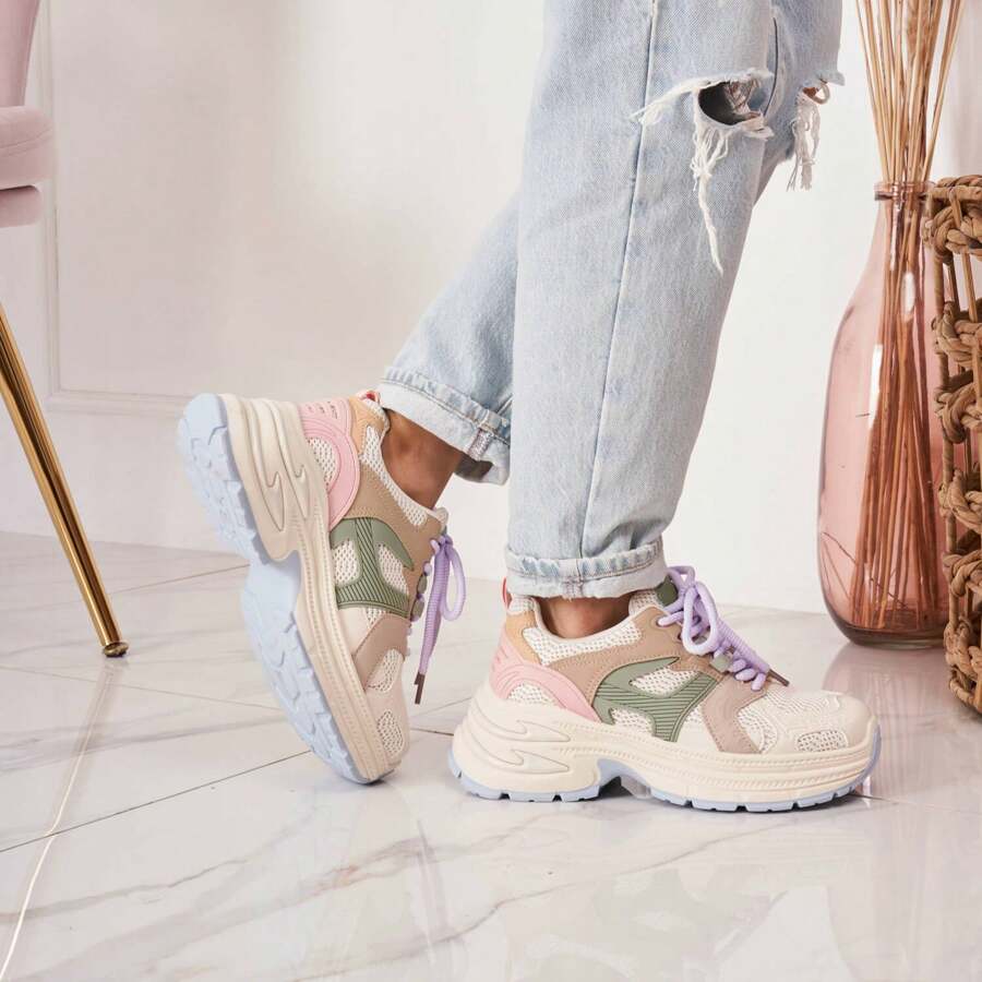 Low-Top Lace-Up Sneakers With Sculpted Sole And Panel Overlays - Multicolor - View 1