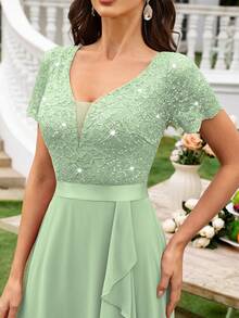 MIUSOL Deep V-Neck Contrast Sequin Lace Ruffle Trim Chiffon Formal Party Maxi Dress, For Valentine's Day - Mint Green - View 10