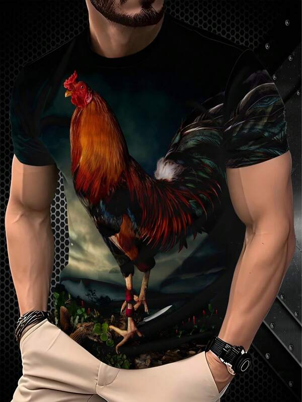 Camiseta con estampado 3D de gallo para hombre - Camiseta casual de manga corta y cuello redondo con gran gráfico de gallo