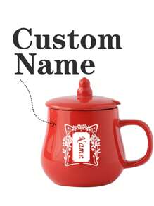 1 pieza Taza de cerámica roja con tapa, personalizable con nombre/texto, regalos para amigos, maestros, padres, tazas de oficina
