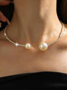 2 件奢华优雅水钻仿珍珠手链项链套装，简约百搭女士珠宝礼物 - 銀色 - 查看 3