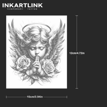 INKARTLINK 10*12cm 1 件耳语天使植物汁图案纹身，纹身持续 15 天，半永久纹身，逼真的假纹身，1-2 周 - 黑色 - 查看 5